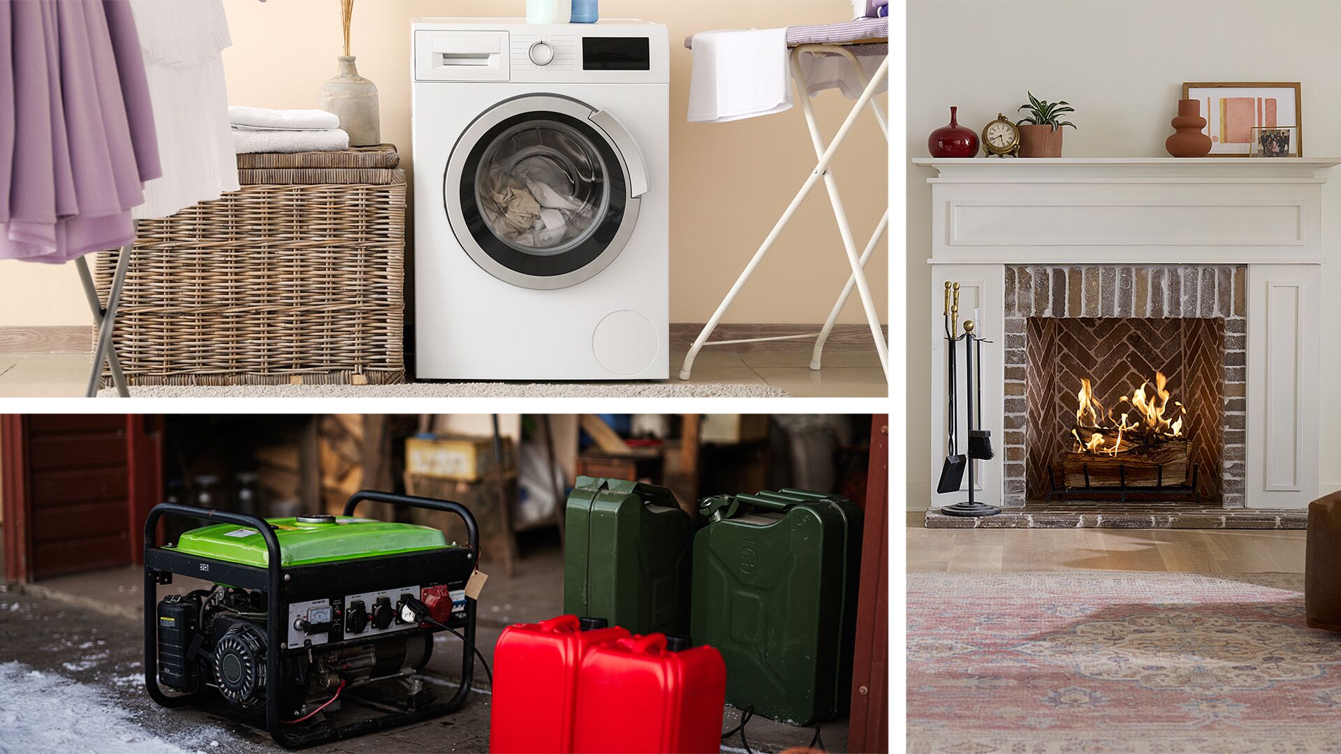 Three images of sources of co: a dryer, a fireplace, and a generator.