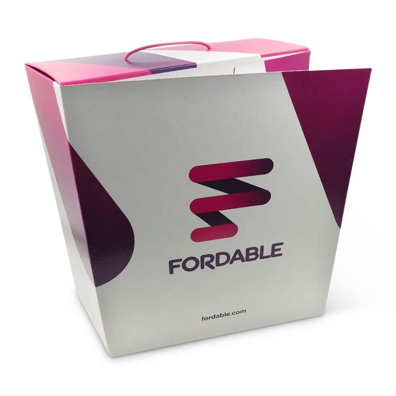 Printed carry box for Fordable. Custom packaging by PLC Print.