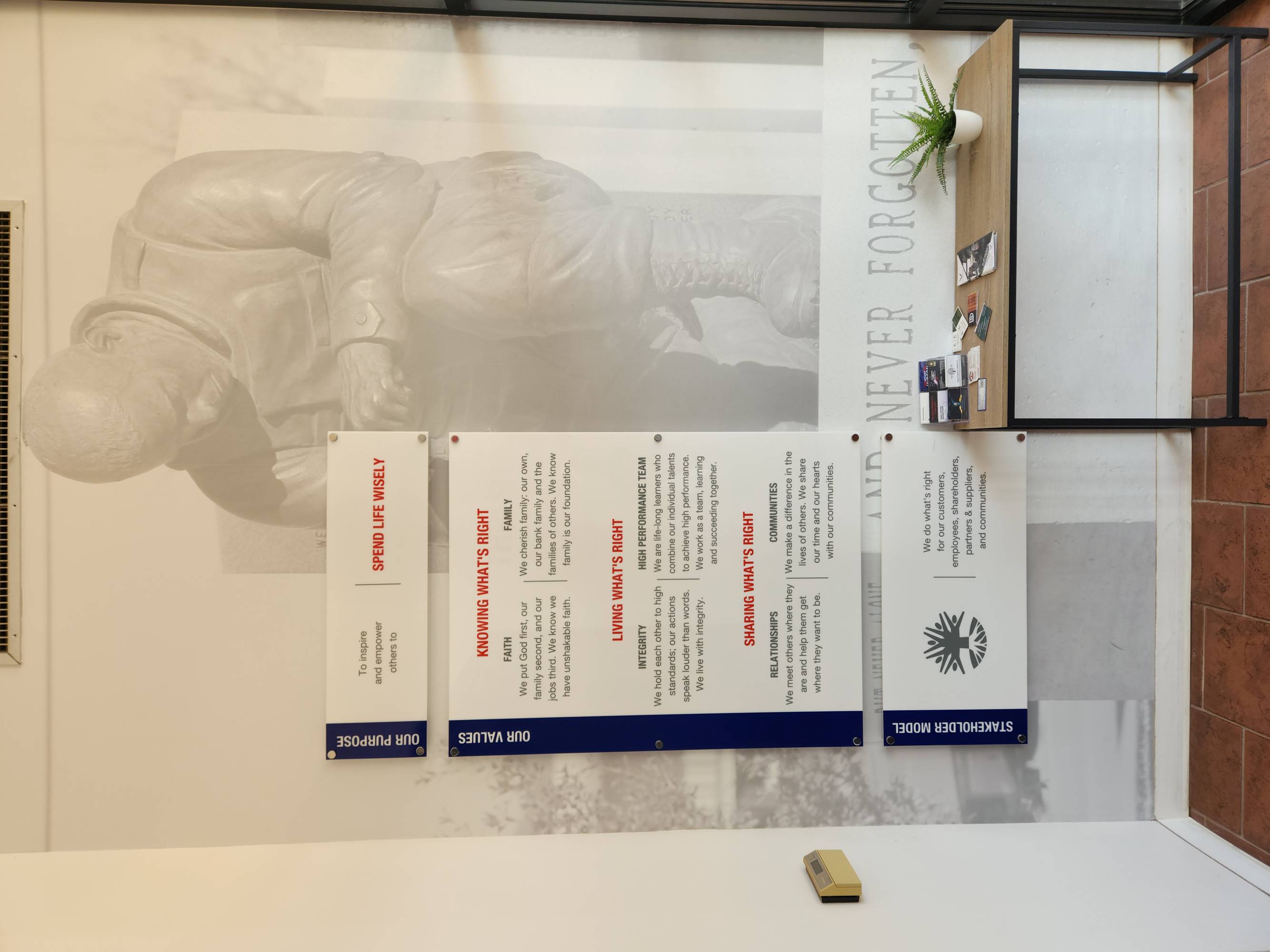 First United Bank - Purcell - interior "Spend Life Wisely" values