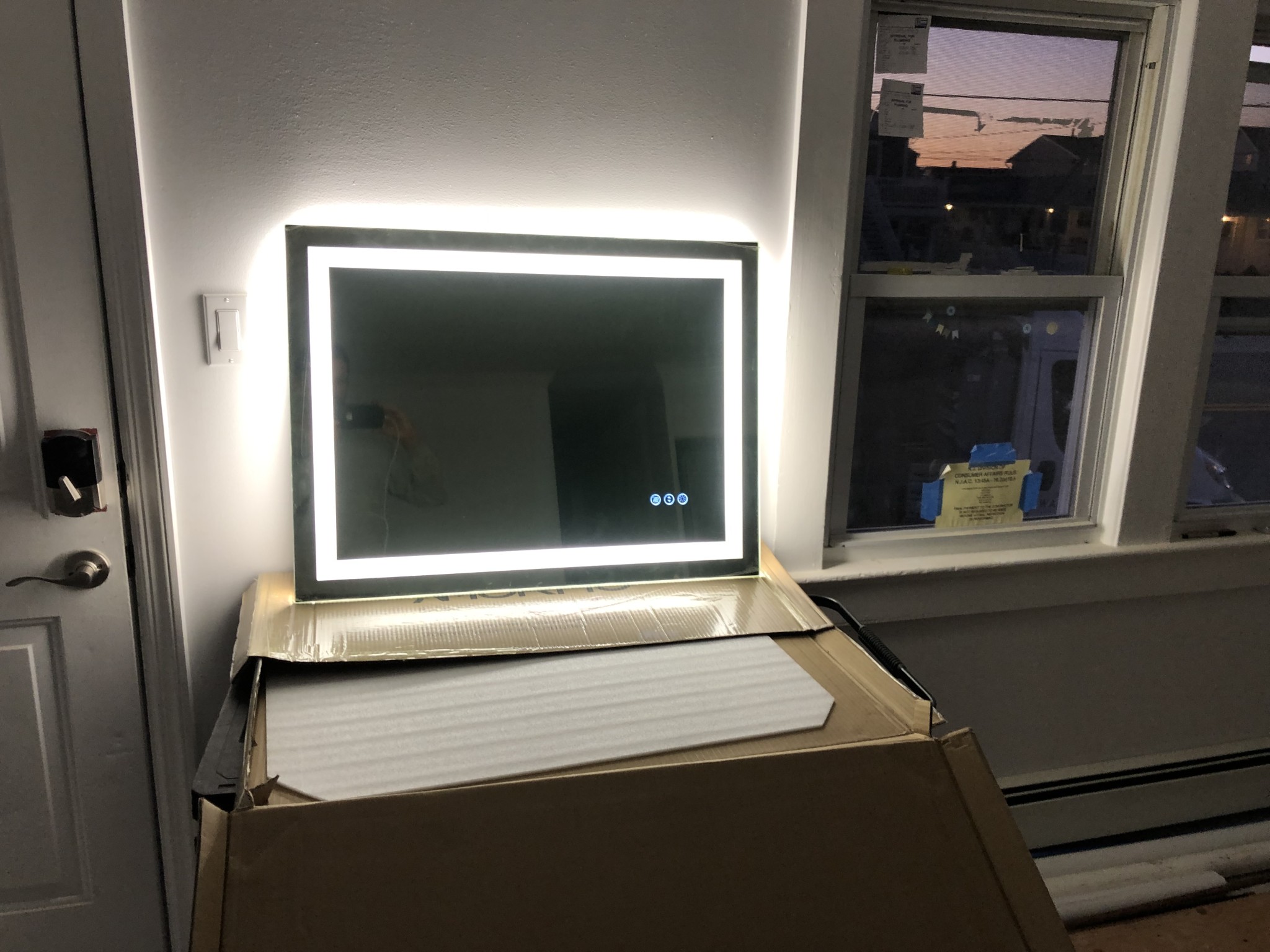 Testing out a new product today! A LED lighted bathroom vanity mirror. Dimmable with 3 different colors, Anti-fog and tempered glass. Simply plugs into a standard 120 volt outlet. And safety first- it requires GFCI protection.