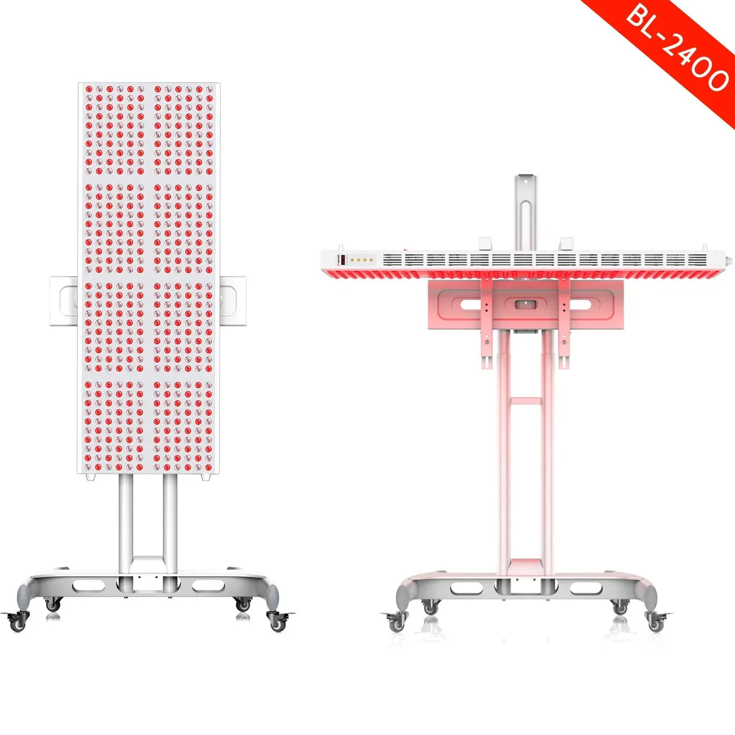 A white and red light therapy device with a stand is shown in two configurations against a white background. The device on the left is a tall, rectangular panel with numerous red LED lights arranged in a grid. It is mounted on a wheeled stand. The device on the right is a horizontal panel, also with red lights, and appears to be suspended from a stand with a pink, U-shaped mounting bracket and a vertical support. A red diagonal banner in the upper right corner has white text that reads "BL-2400".