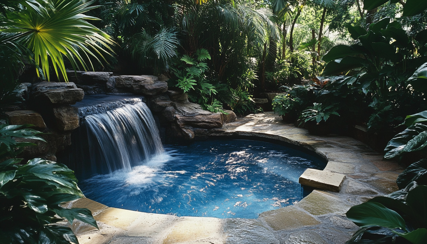 Cocktail pool and waterfall with a tropical landscape