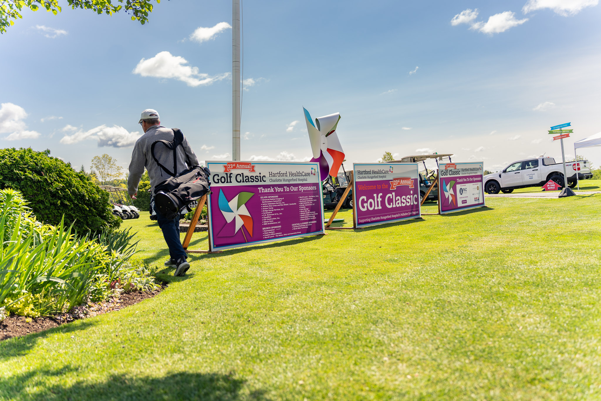 Large-format course branding signage produced by Sign Pro for the Charlotte Hungerford Hospital Golf Classic.