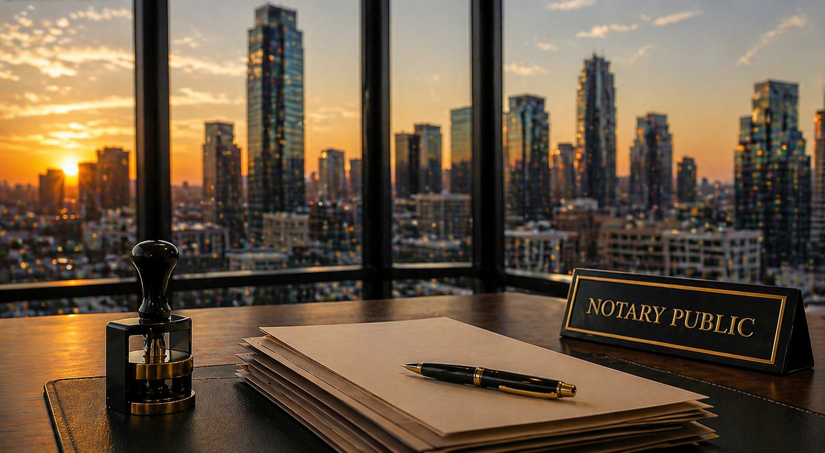 Notary desk setup with documents, pen, stamp, and &ldquo;Notary Public&rdquo; nameplate overlooking a modern city skyline at sunset, symbolizing official document authentication, professionalism, and urban real estate transactions.