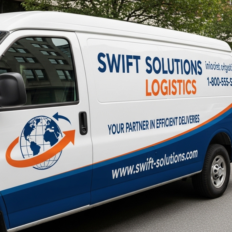 Custom commercial vehicle graphics for Swift Solutions Logistics. High-quality vinyl lettering and logo branding applied to a white transport van, providing mobile advertising and a professional fleet appearance on Georgia roads.