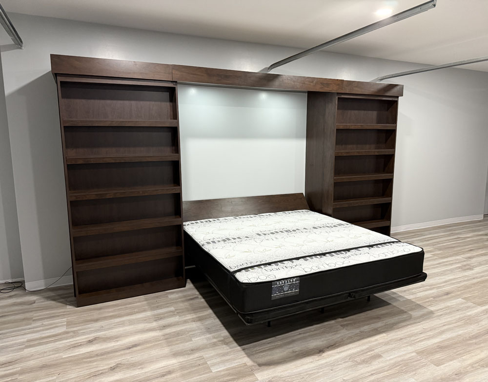 King size library Murphy bed open in chocolate finish with built in shelving