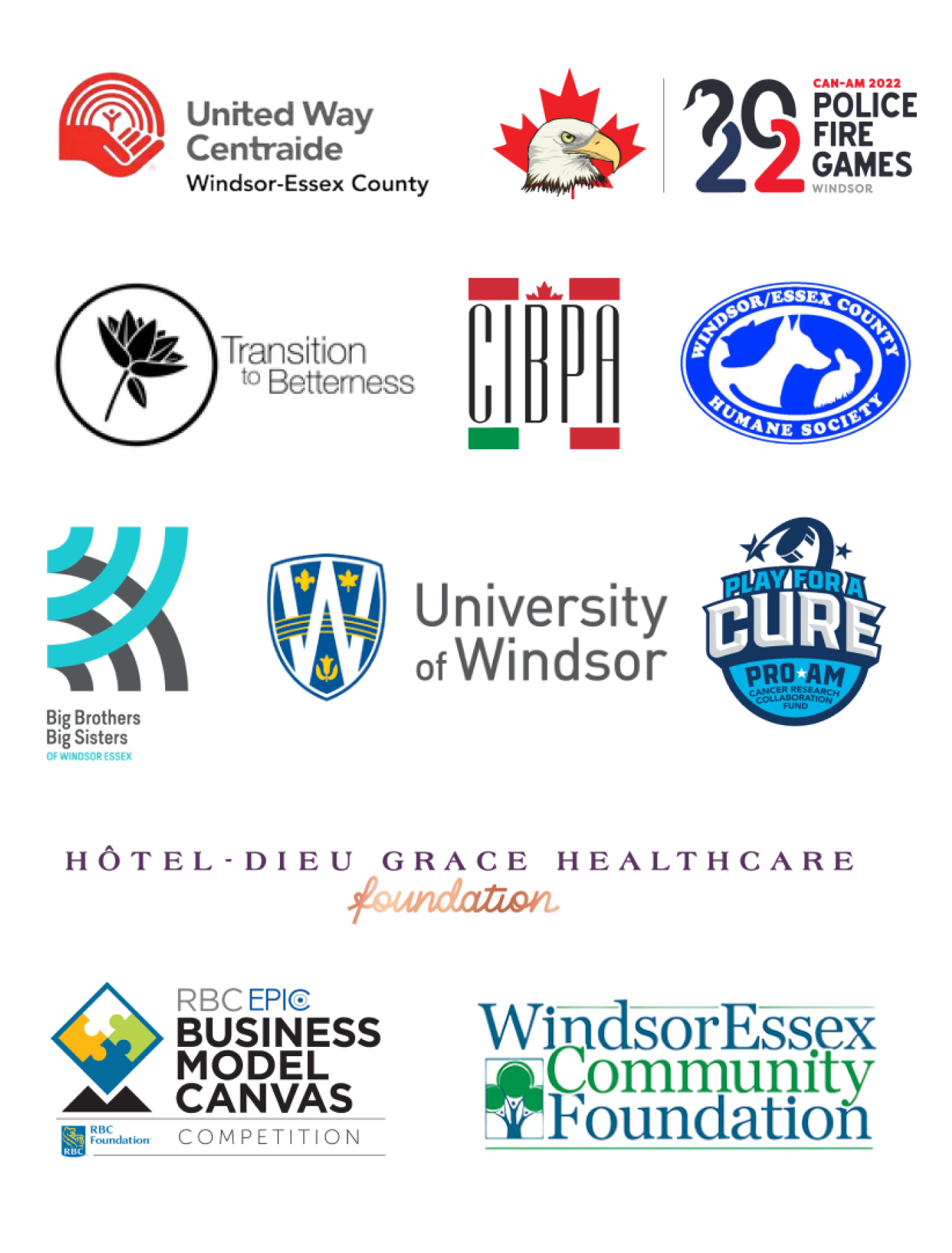 A collage of logos from various organizations the Allison Martinello Group supports including United Way of Windsor-Essex County, University of Windsor, Big Brother Big Sisters of Windsor-Essex, and Windsor-Essex County Human Society, among others.