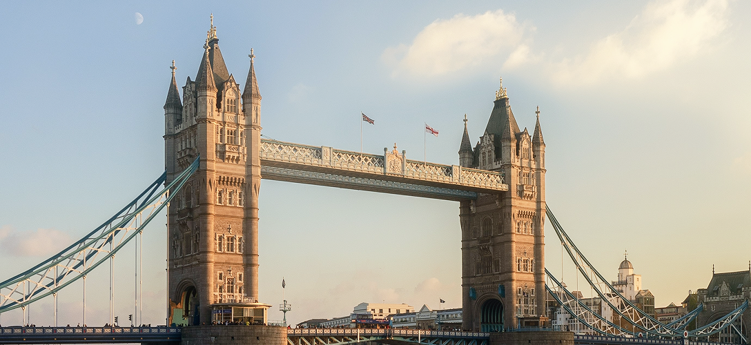 Tower Bridge in London, England on a sunny day.