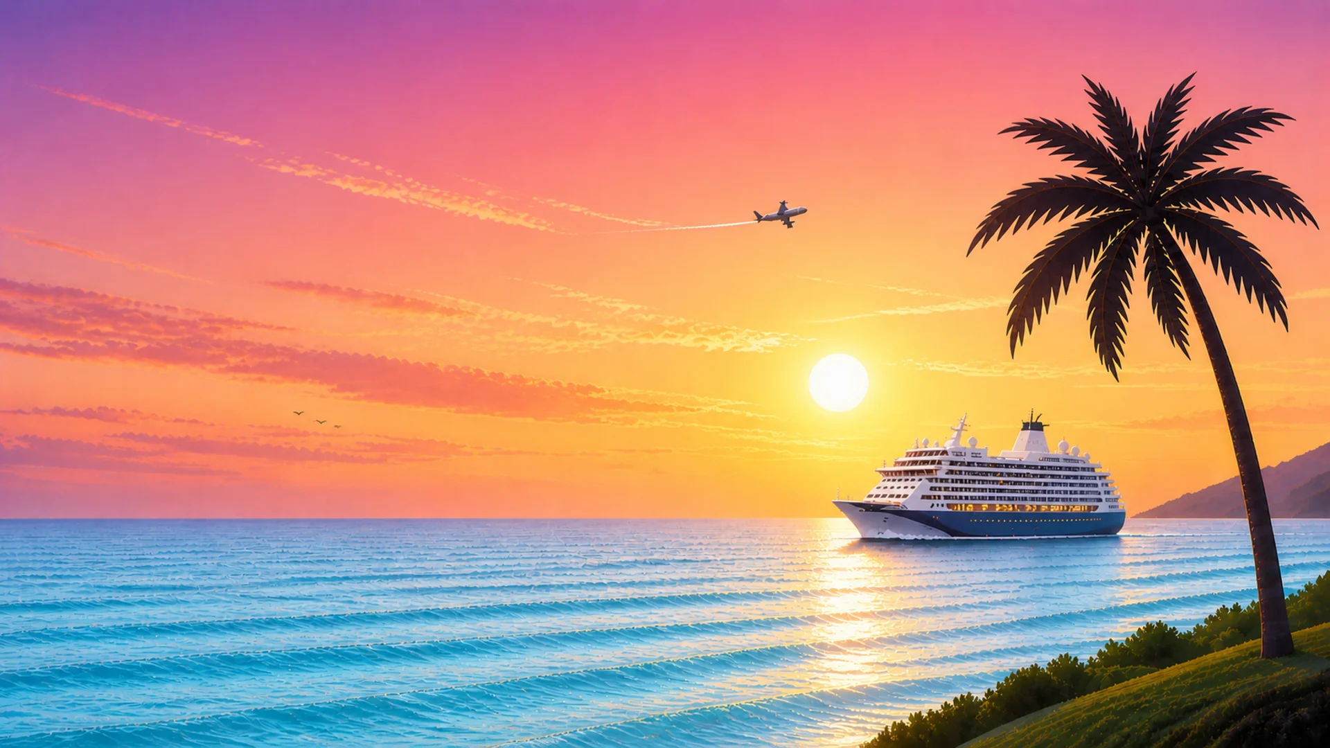 A scenic illustration of a cruise ship sailing on the ocean during a vibrant sunset. A palm tree stands on the right, silhouetted against the colorful sky, while an airplane flies in the distance, leaving a contrail. The sun is setting on the horizon, casting a warm glow on the water and clouds.
