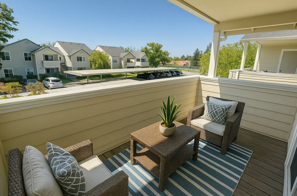 A patio with a couch, chair, and table with a plant on it.