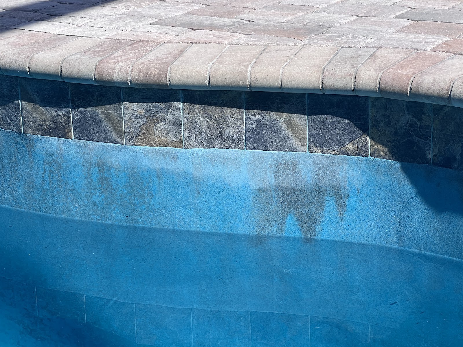 Close-up of a swimming pool wall showing discoloration and staining along the tile and interior surface.