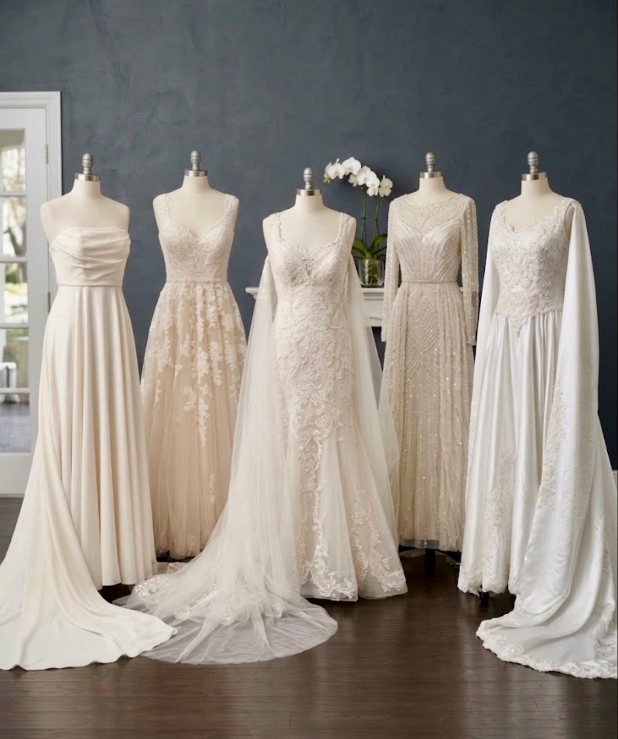 Five diverse white and ivory bridal gowns and formal dresses displayed on mannequins, showcasing professional wedding dress restoration and care services at Plaza Cleaners.