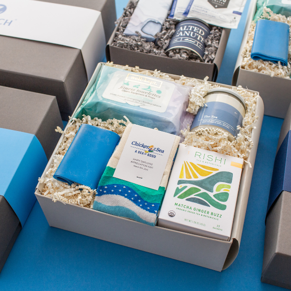 Corporate gift boxes on blue background.