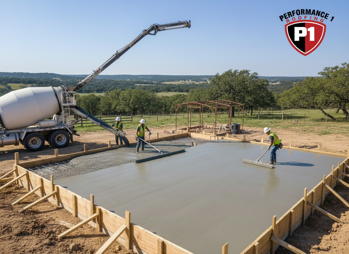 Workers level freshly poured concrete across a residential foundation while a concrete pump truck delivers material, creating a smooth slab ready for future home construction with professional craftsmanship.
