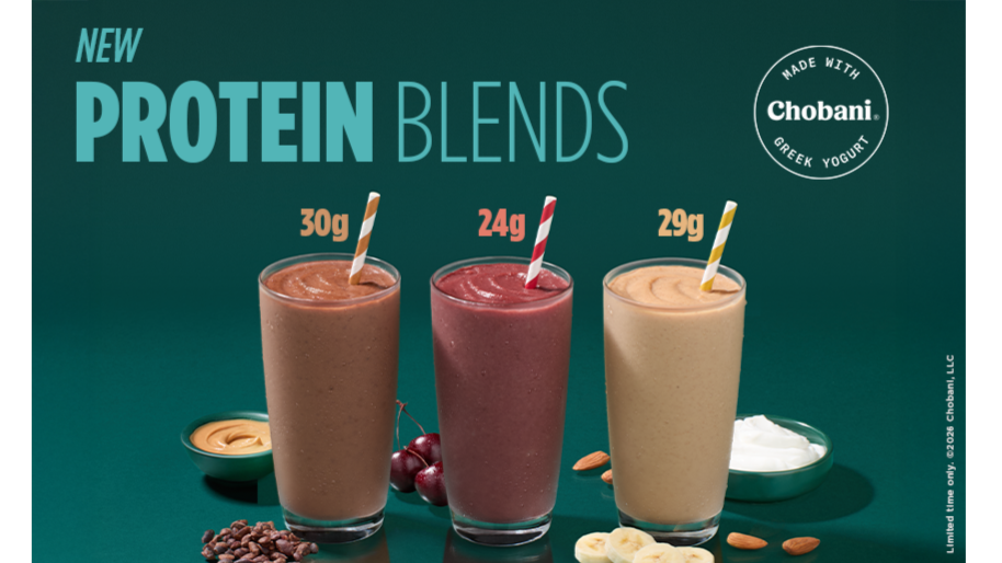 Image of limited time protein blend smoothie at Tropical Smoothie Cafe:Cherry Berry Protein Smoothie with 24g of protein, Chocolate PB Protein Smoothie with 30g of protein & Almond Banana Protein Smoothie with 29g.