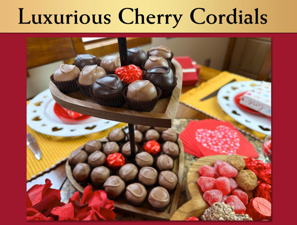 This image displays a variety of Valentine's Day-themed treats, likely from Florence's exquisite chocolates in Rexburg, Idaho. The central focus is a two-tiered, heart-shaped wooden tray filled with heart-shaped chocolates. These chocolates are primarily light brown with darker brown accents, and a few are decorated with red accents. On the table, there are also plates with white chocolate pieces, a red heart-shaped box, a small red envelope that says "Love," a plate with a red heart design, red rose petals, and a bowl of red, textured candies alongside other treats. The background is a warm, softly focused scene, suggesting a cozy setting. The title "Luxurious Cherry Cordials" appears at the top of the image in an elegant gold script against a dark red banner.
Description:
This photograph captures a selection of Valentine's Day treats from Florence's exquisite chocolates, likely taken in their Rexburg, Idaho location. The image is designed to evoke a sense of romance and indulgence, with a focus on heart-shaped chocolates and other Valentine's Day elements. The centerpiece is a wooden, heart-shaped tiered tray filled with beautifully decorated chocolate pieces.