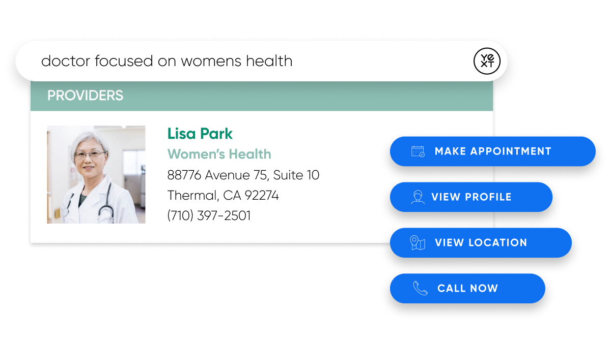 Search bar with doctor focused on women's health with a doctor result on the bottom and many different CTA options in blue on the right hand side.