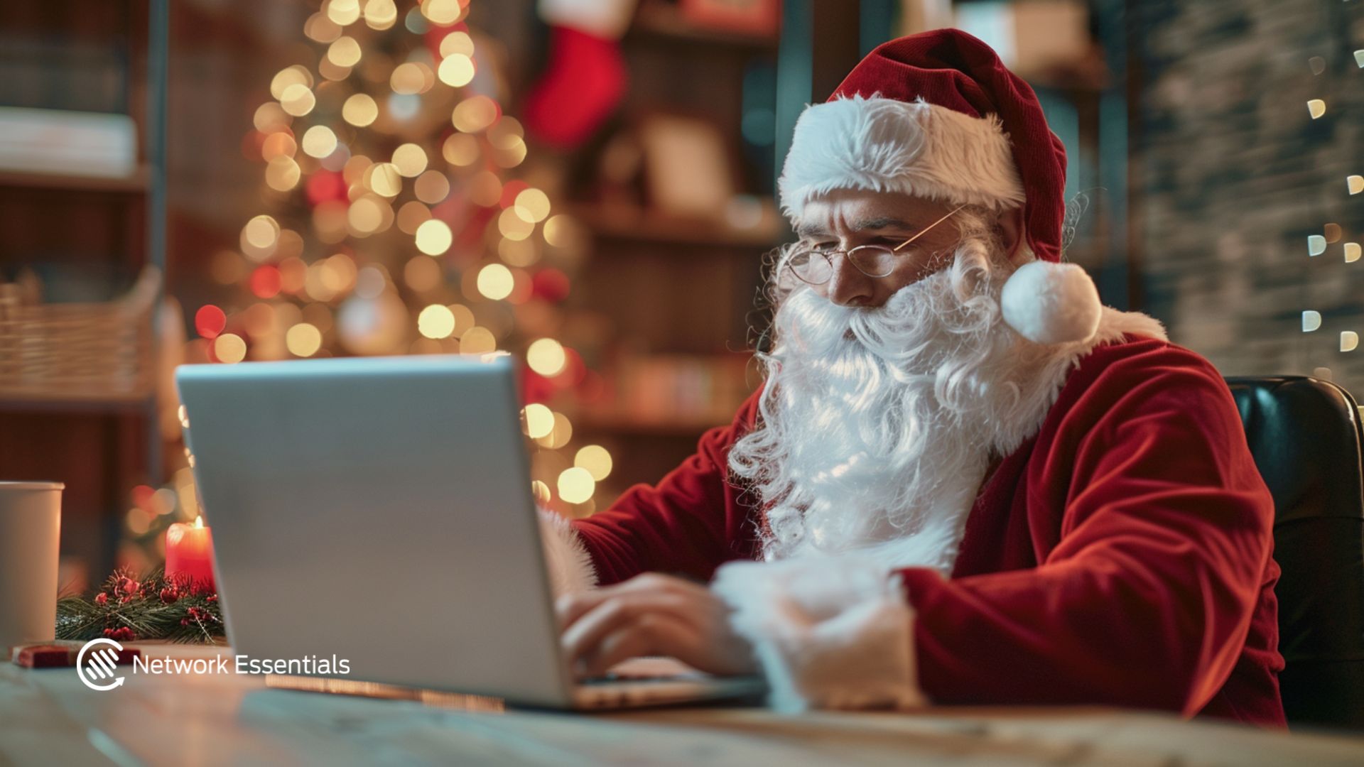 A man dressed as Santa Claus is sitting at a desk, wearing glasses and typing on a laptop. He is in a festive setting with a decorated Christmas tree and a lit candle in the background. A logo for "Network Essentials" is visible in the lower left corner.