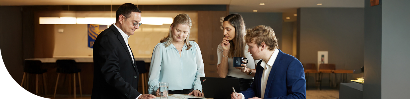 Daniel Leduc, Julie Gagnon, Amanda Colella, and Jackson Richards collaborating.