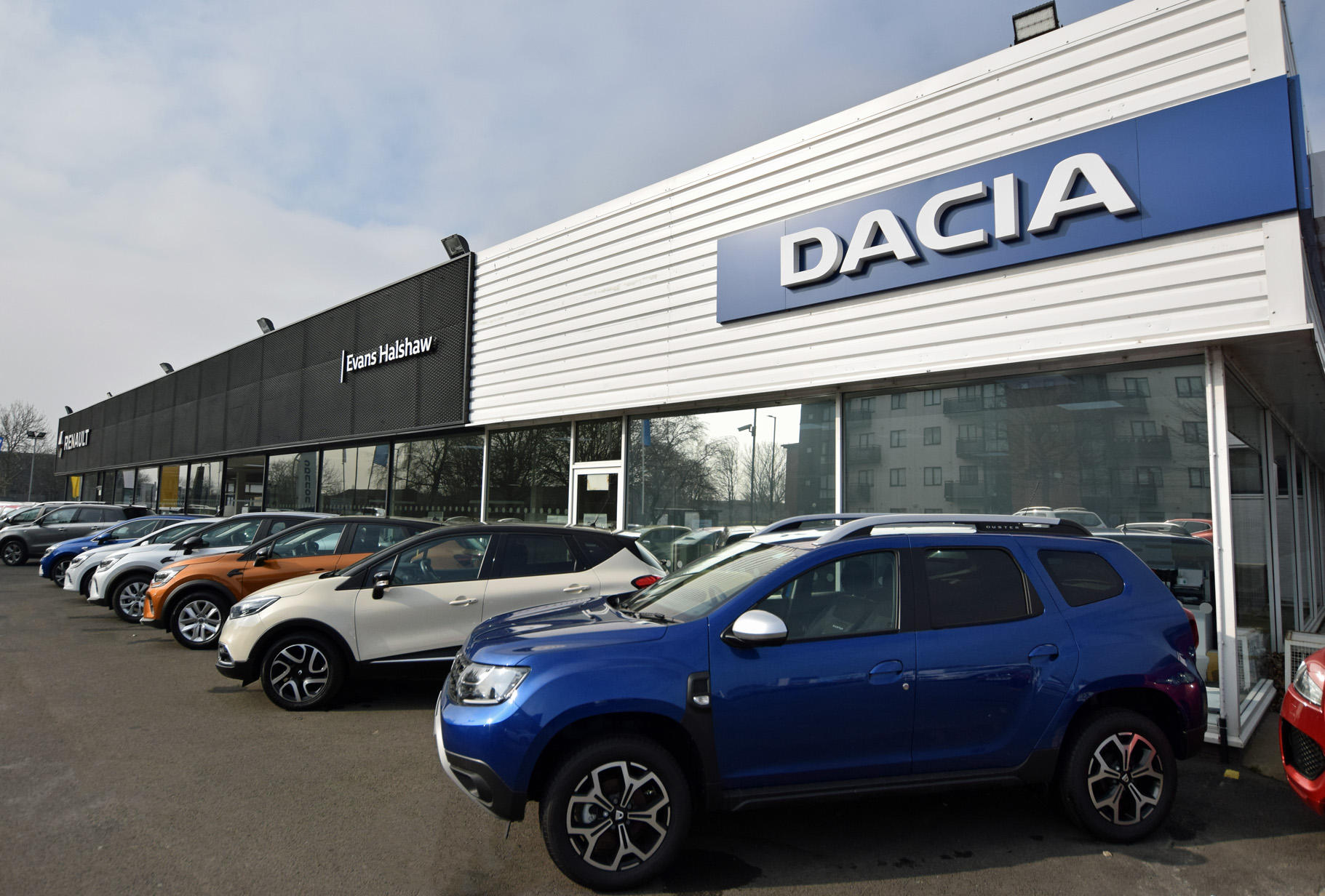 Dacia outside the front of the Middlesbrough dealership Evans Halshaw Dacia Middlesbrough Middlesbrough 01642 757500