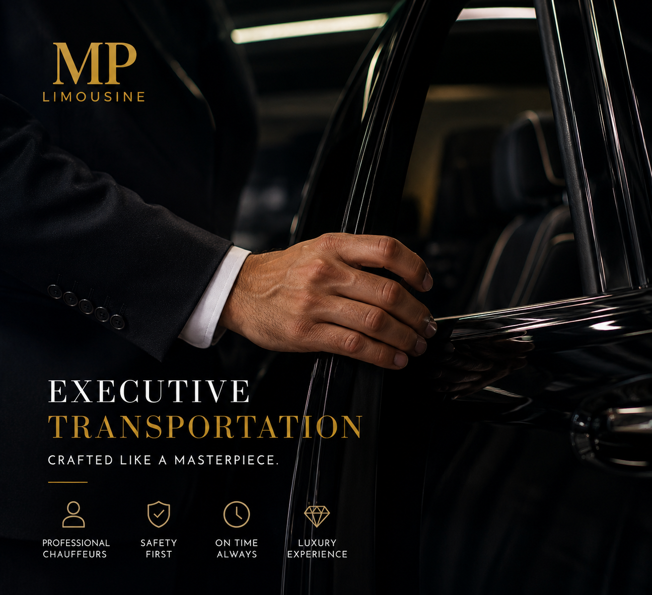 Close-up of a professional chauffeur opening the door of a black luxury vehicle, representing executive transportation and personalized chauffeur service by MP Limousine.