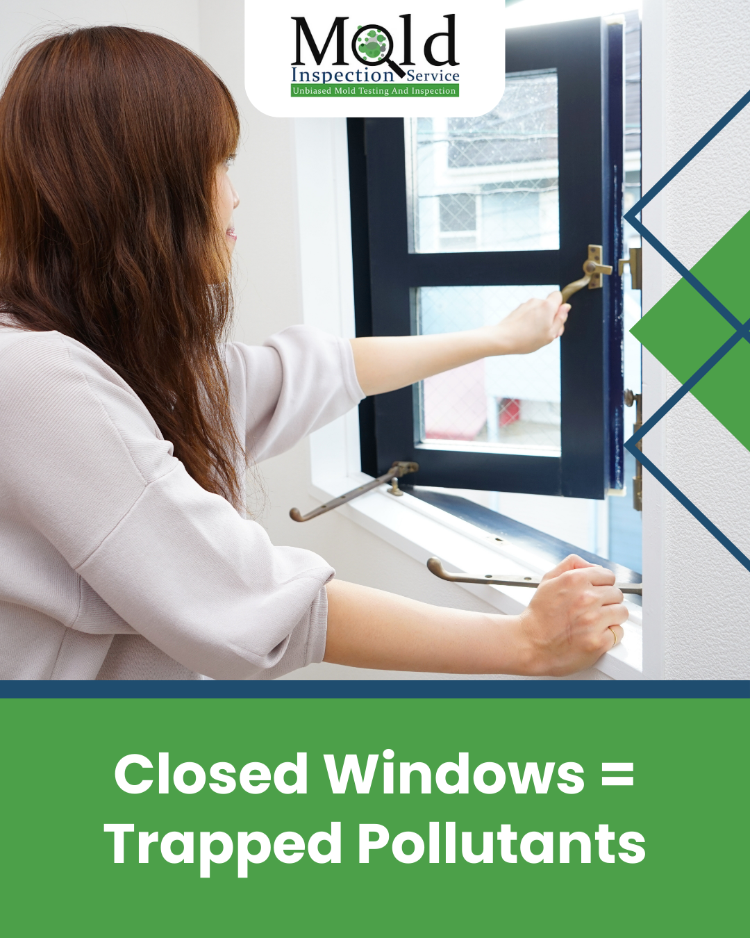 Technician reviewing indoor air quality results near a window to assess trapped pollutants caused by closed windows and poor ventilation.
