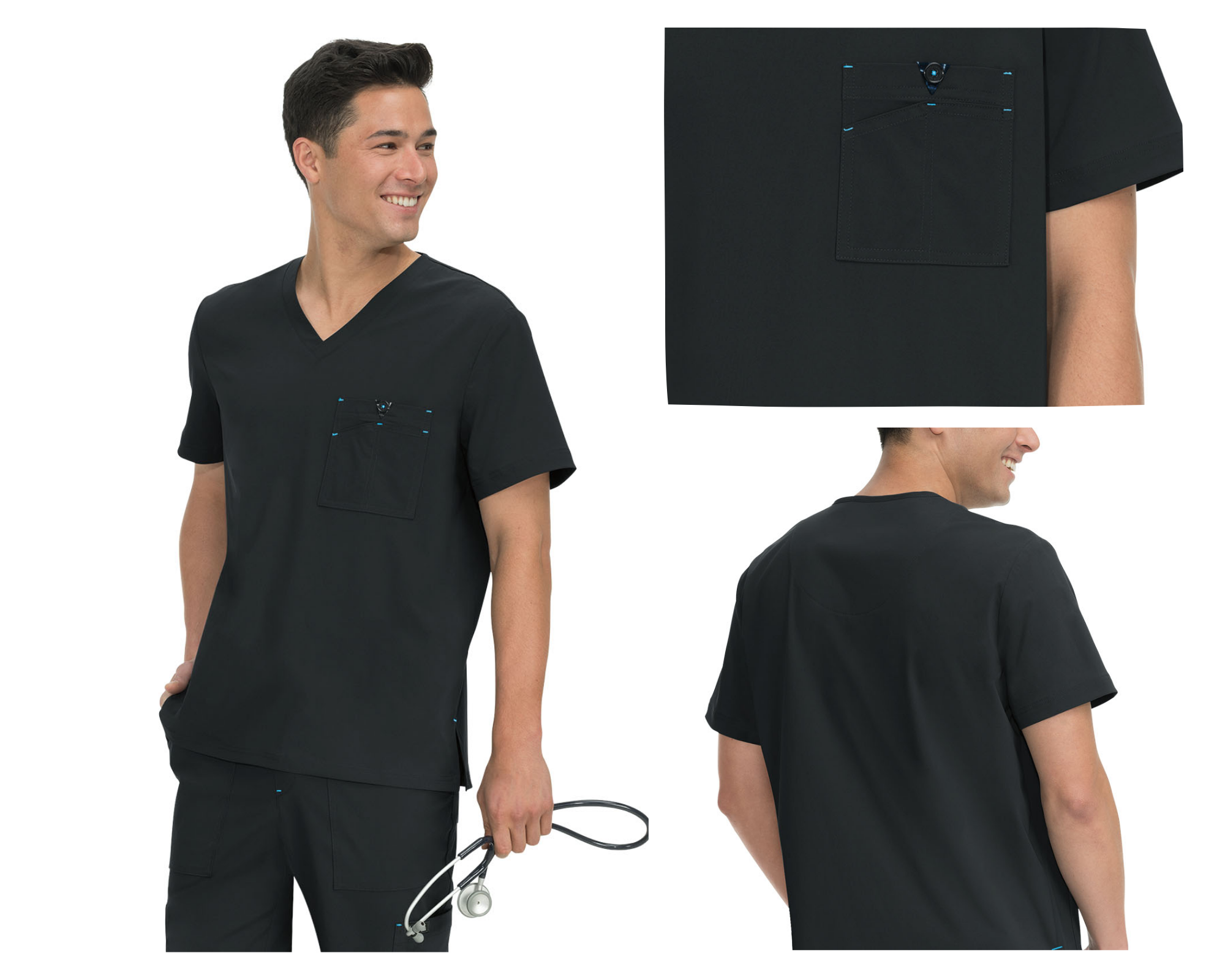 Bryan TopLook amazing for less in our Bryan top with classic v-neck. Contemporary fit.Chest pocket with multiple compartments, Bar tack detail on pocket, Double-needle stitching at seams for added durability Side slits, Length size Large: 30 1/2", 95% polyester, 5% Spandex microfiber stretch, Contrast print: 100% cotton lawn, koi Basics Bryan Men's 1-Pocket Tuck-In Scrub Top