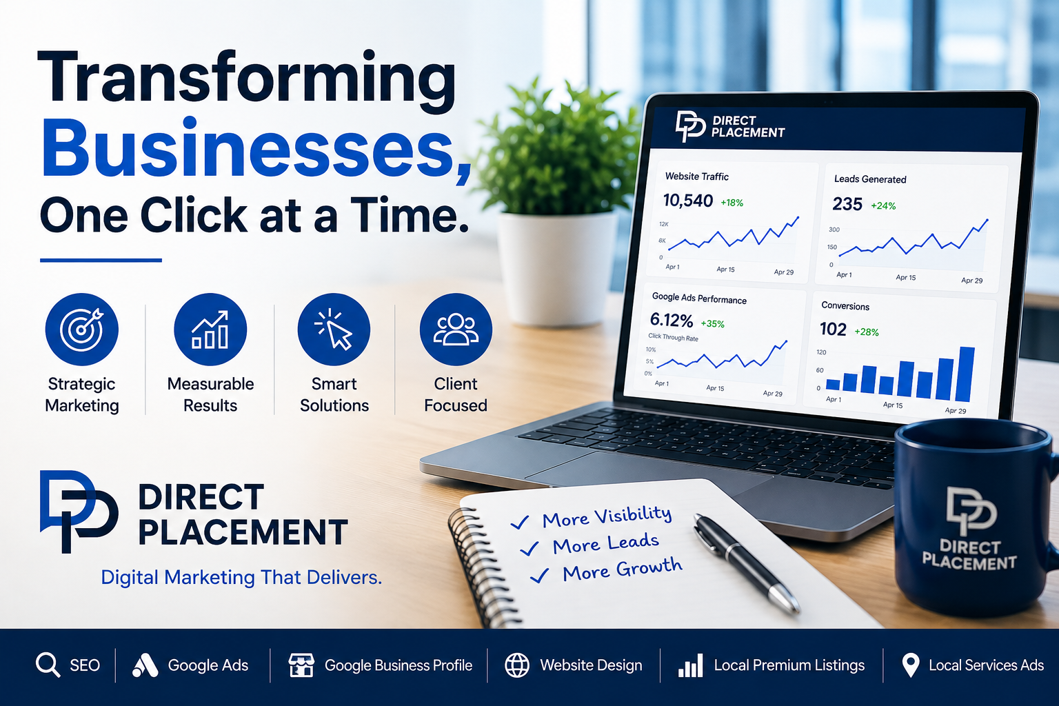 Direct Placement LLC digital marketing banner featuring the company's slogan, "Transforming Businesses, One Click at a Time," alongside a performance dashboard illustrating growth through Google Ads, SEO, Google Business Profile optimization, website design, Local Premium Listings, and Local Services Ads.