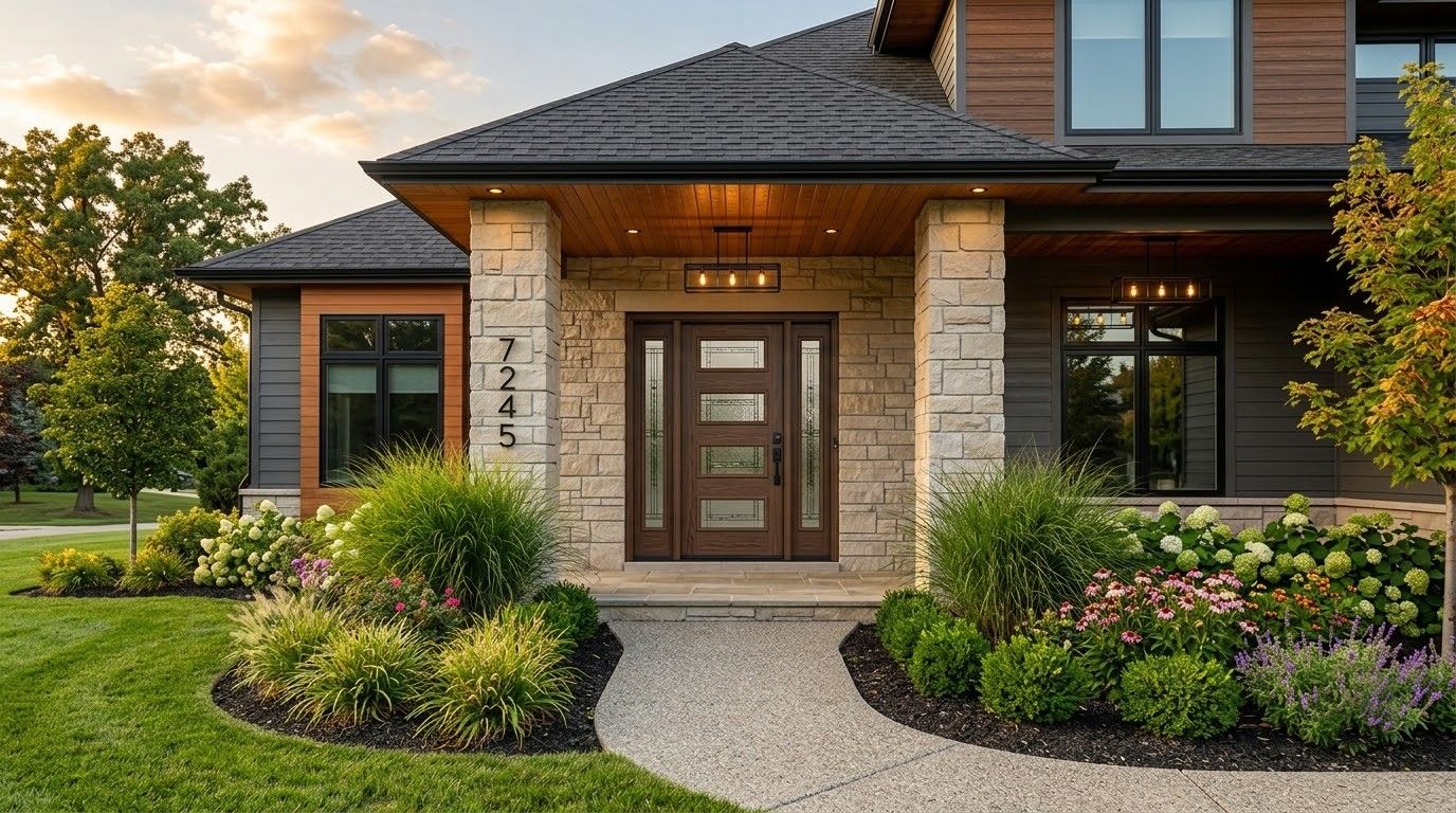 Black framed single glass door installed in a brick exterior, featuring a metal awning, wall lights, sidelights, concrete walkway, and landscaped surroundings outside a building entrance for commercial access today.