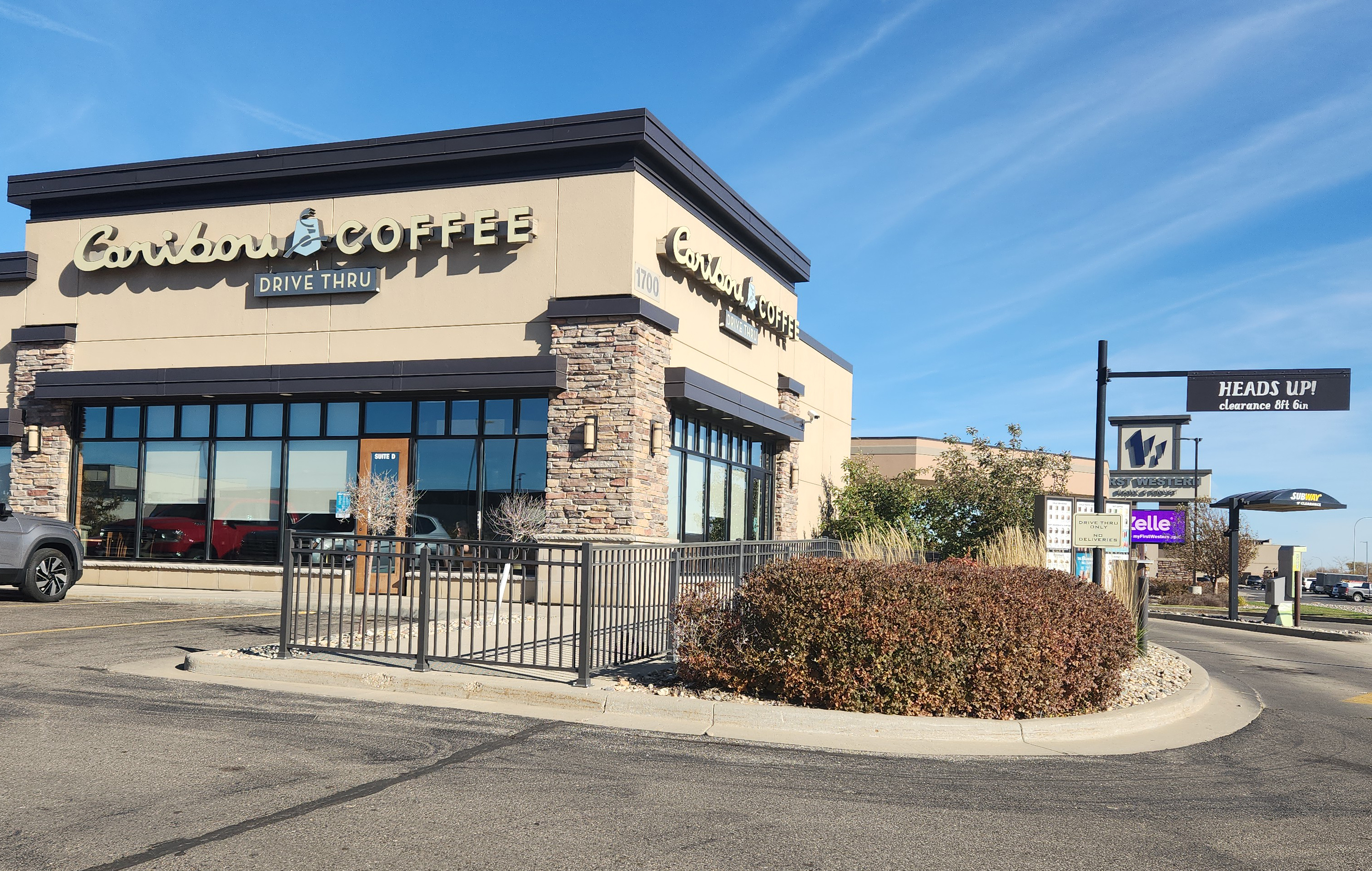 Storefront of the Caribou Coffee at 1700 21st Avenue NW in Minot