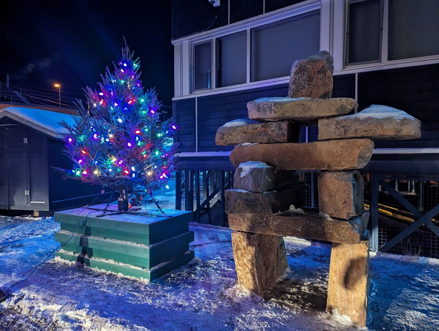 Christmas Tree and a beautiful Inukshuk next to Nunavut's Legislative Assembly, December 7th.jpg