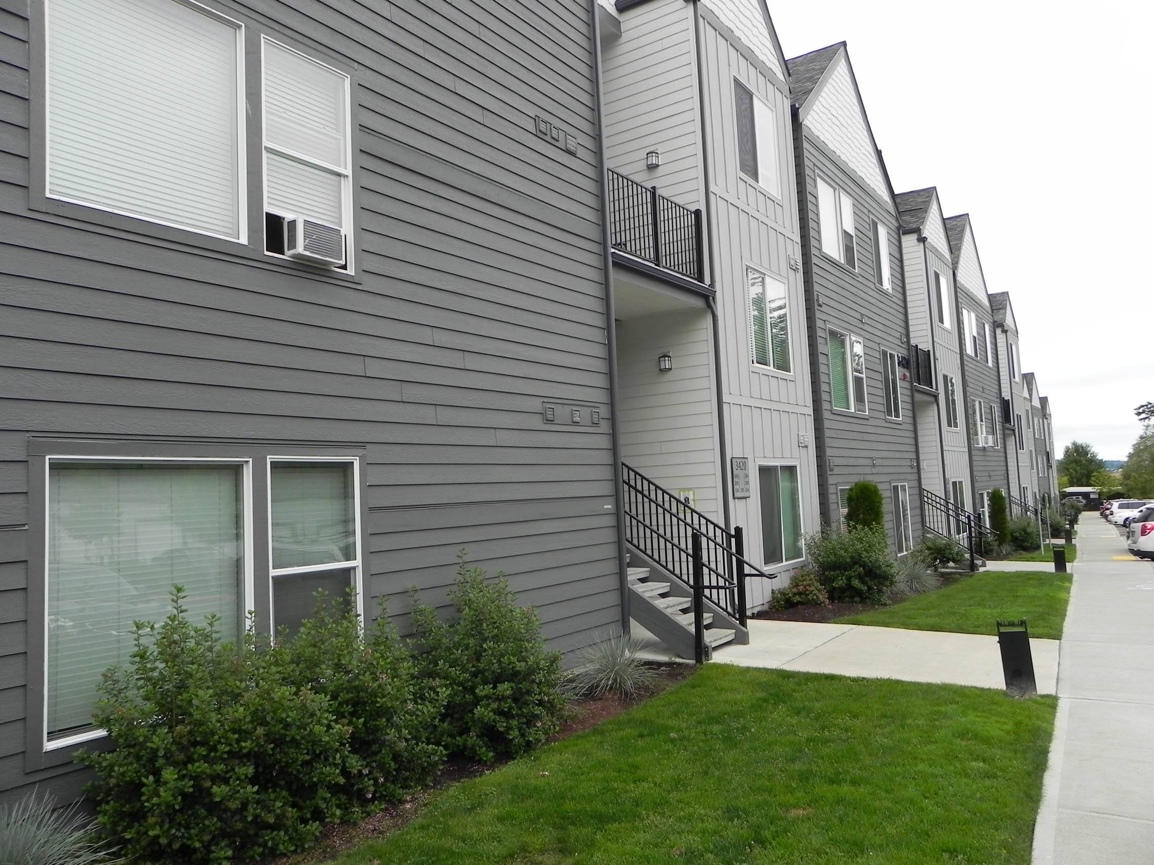Row of grey townhouses
