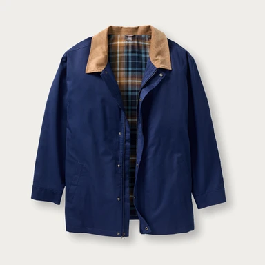 Blue winter coat with light brown corduroy collar and plaid lining