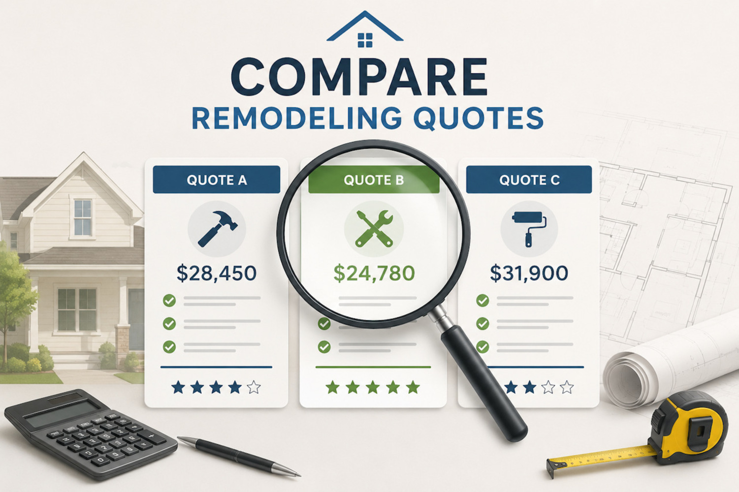 Illustration representing the process of comparing multiple home remodeling quotes. The visual suppo 