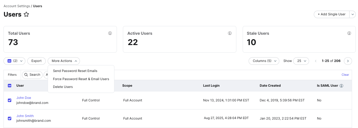 Users Force Password Reset Options