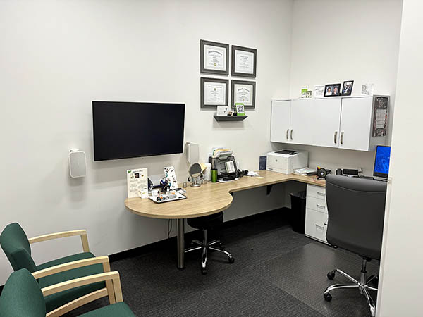 Interior photo of the consultation office in the AudioNova hearing clinic in Batavia, IL