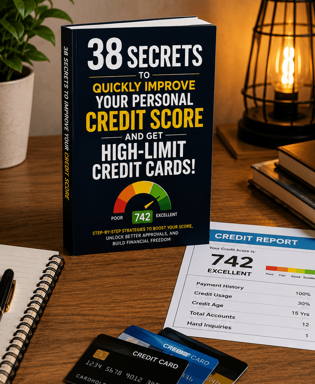 A desk scene with a book titled "38 Secrets to Quickly Improve Your Personal Credit Score and Get High-Limit Credit Cards!" prominently displayed. Beside the book is a credit report showing a score of 742, labeled "Excellent". Several credit cards are fanned out on the desk, along with a notebook and pen, and a decorative lamp in the background. The overall arrangement suggests a theme of personal finance and credit management.