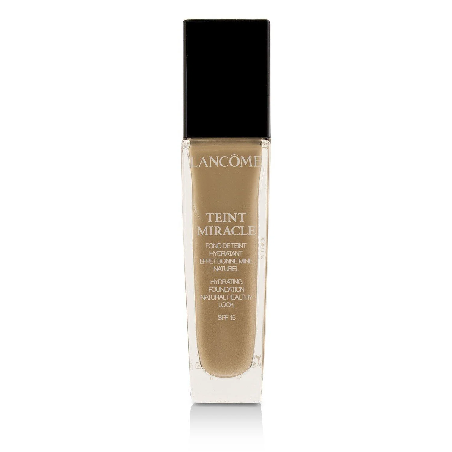 A bottle of Lanc&ocirc;me Teint Miracle hydrating foundation, with a black cap and a clear glass bottle containing a light brown liquid foundation, is displayed against a white background. The bottle has text indicating the product name and its benefits, along with an SPF 15 label.