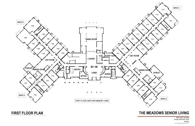 The Meadows Senior Living floor plan for the first floor. Call to reserve your spot today.