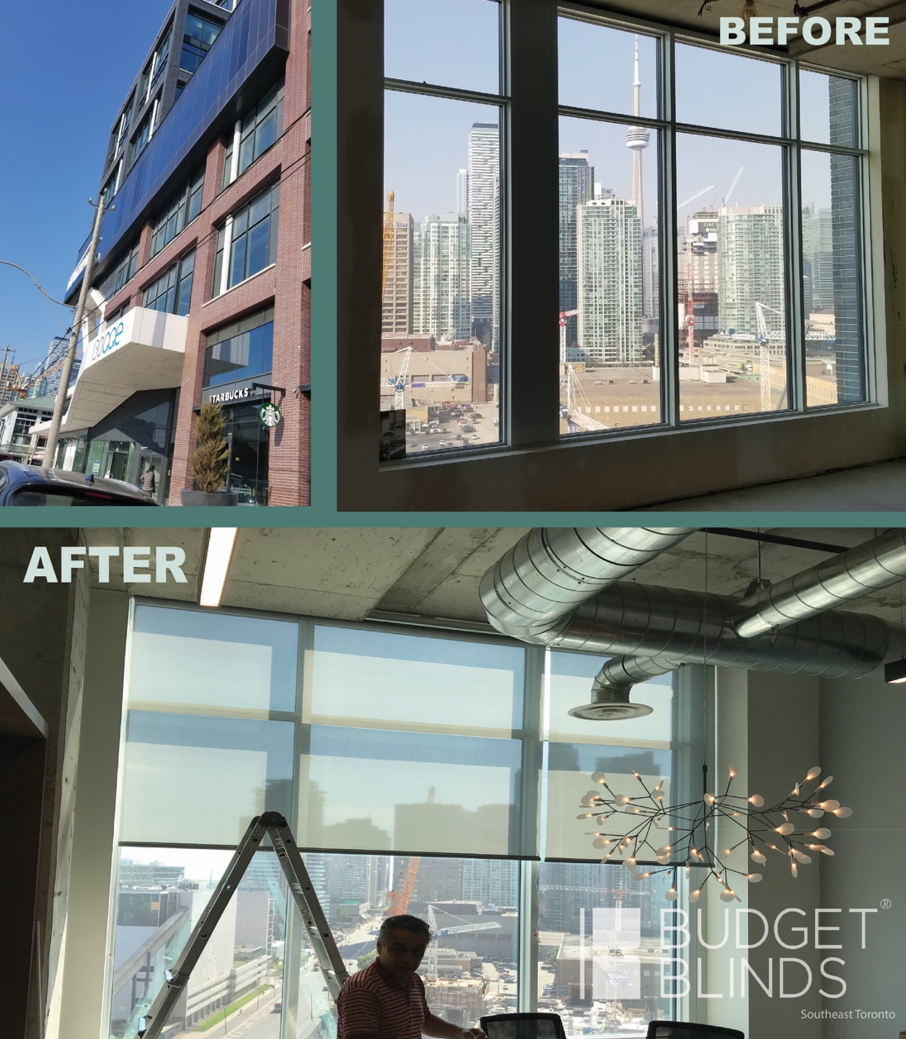 For this office at 130 QQE in downtown Toronto, we decided to go with solar shades. They are the per Budget Blinds of Southeast Toronto Toronto (416)243-0007