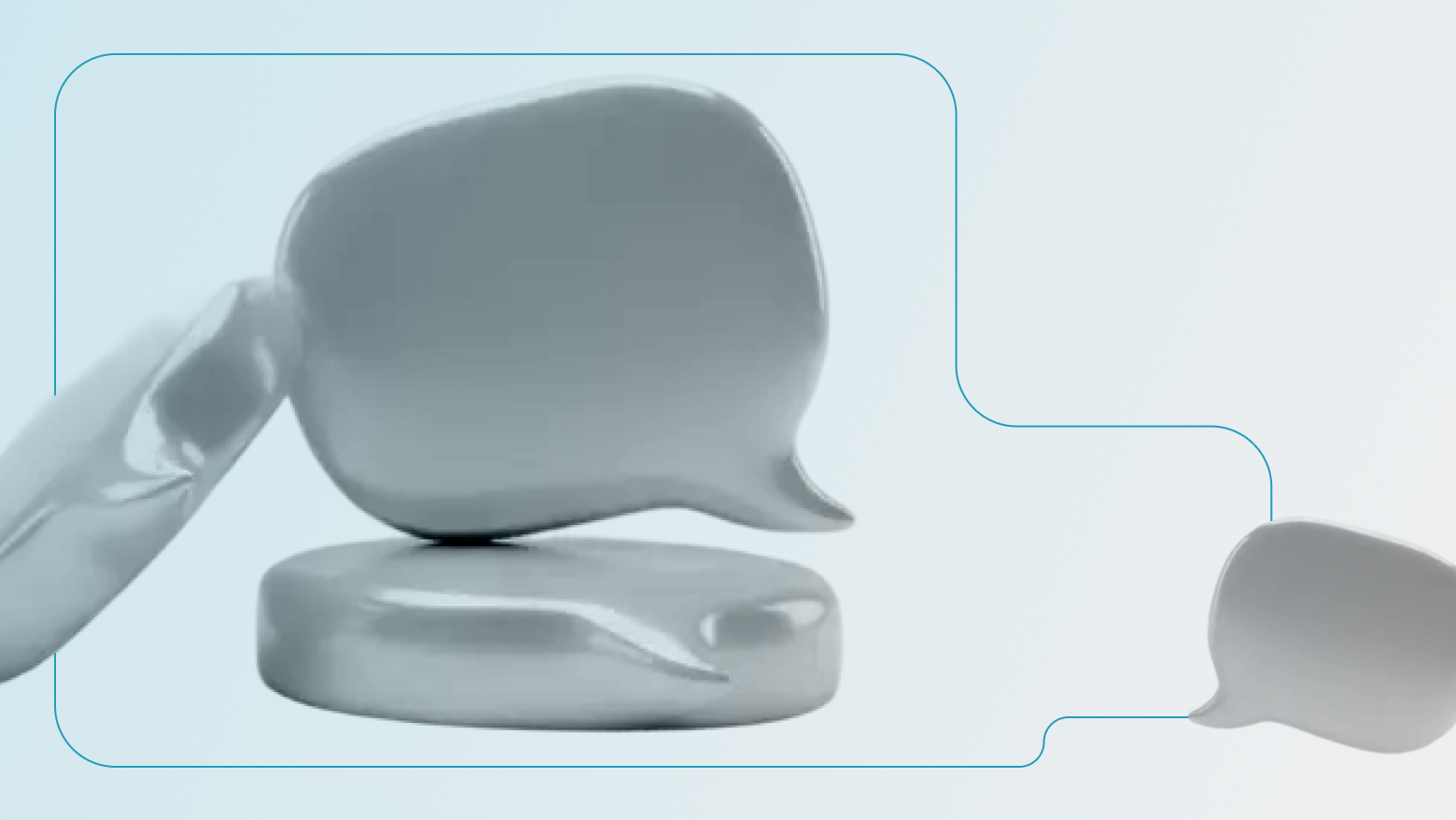 Three glossy, silver 3D speech bubbles arranged abstractly on a light blue gradient background, connected by thin blue curved lines, representative of showing up in a text bubble in an AI search answer.