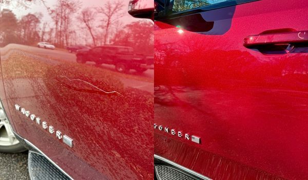 Before-and-after images show a red vehicle door with noticeable scratches and paint damage restored  