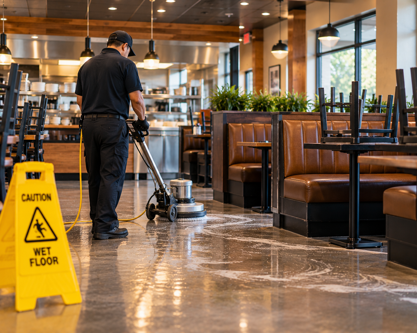 A commercial cleaning technician uses professional floor equipment inside a restaurant dining area, illustrating detailed floor care for Phoenix-area food-service facilities.