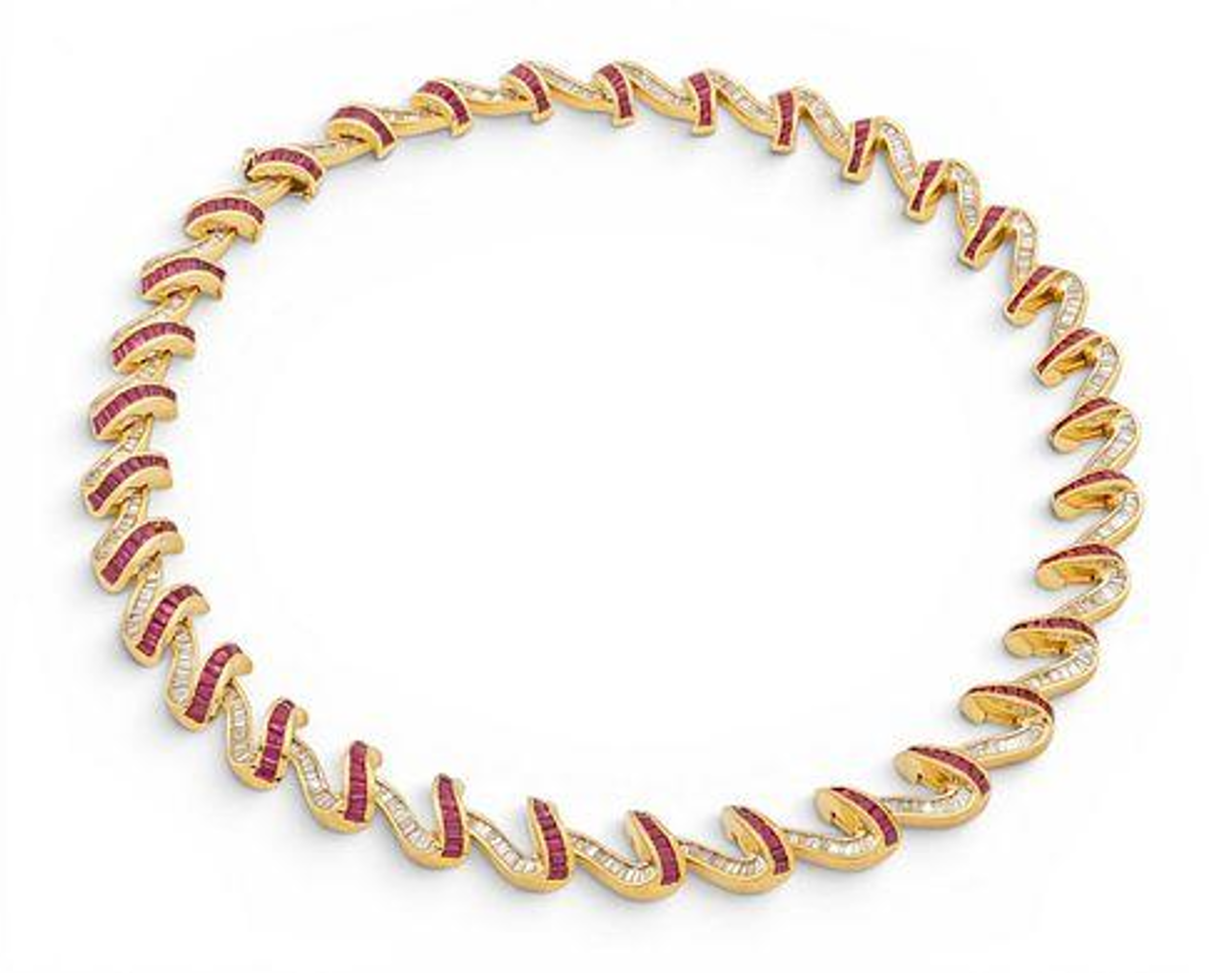 14k Yellow Gold, Ruby, and Diamond Spiral Collar Necklace