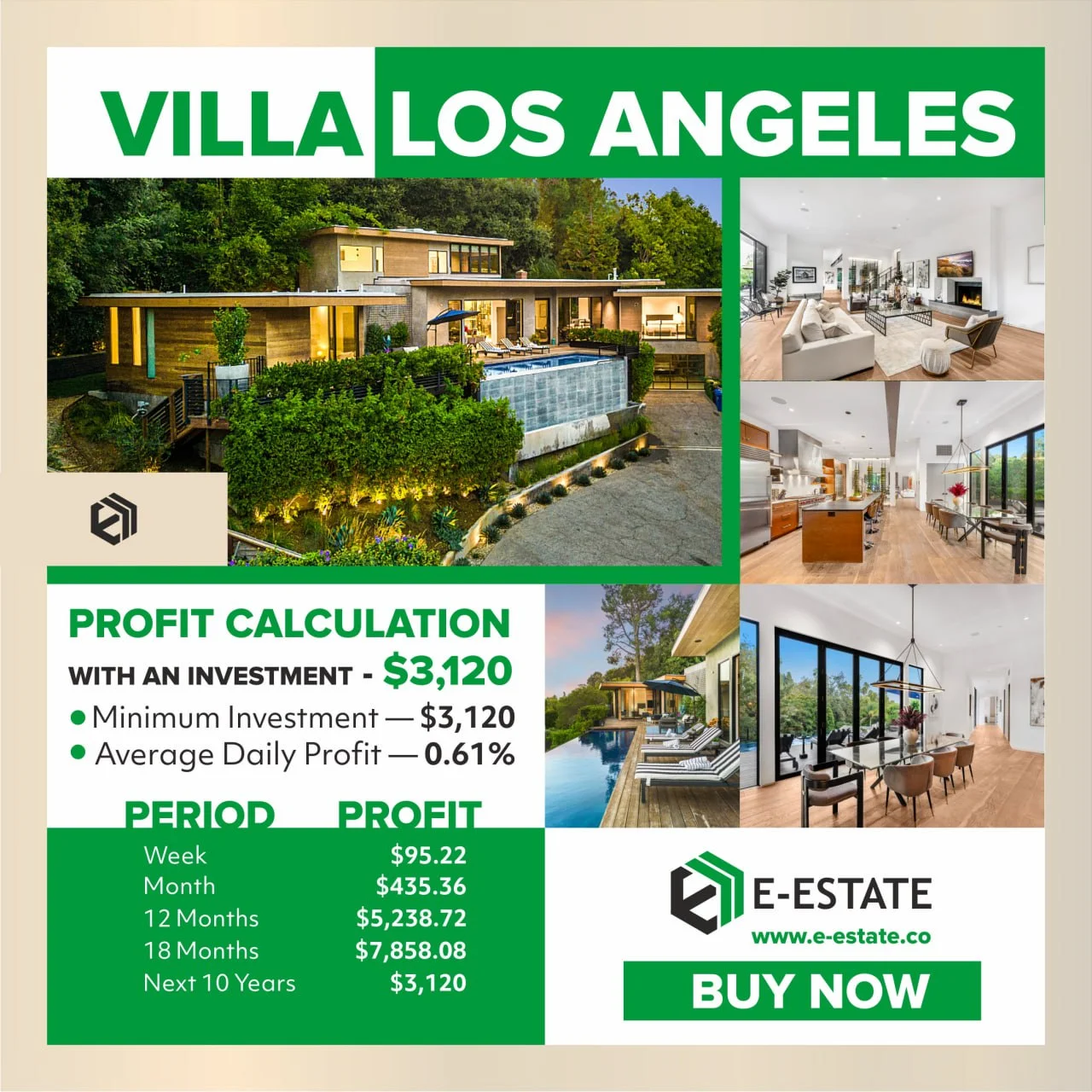 This is a promotional graphic for 'Villa Los Angeles' by E-Estate. It features multiple images of a  