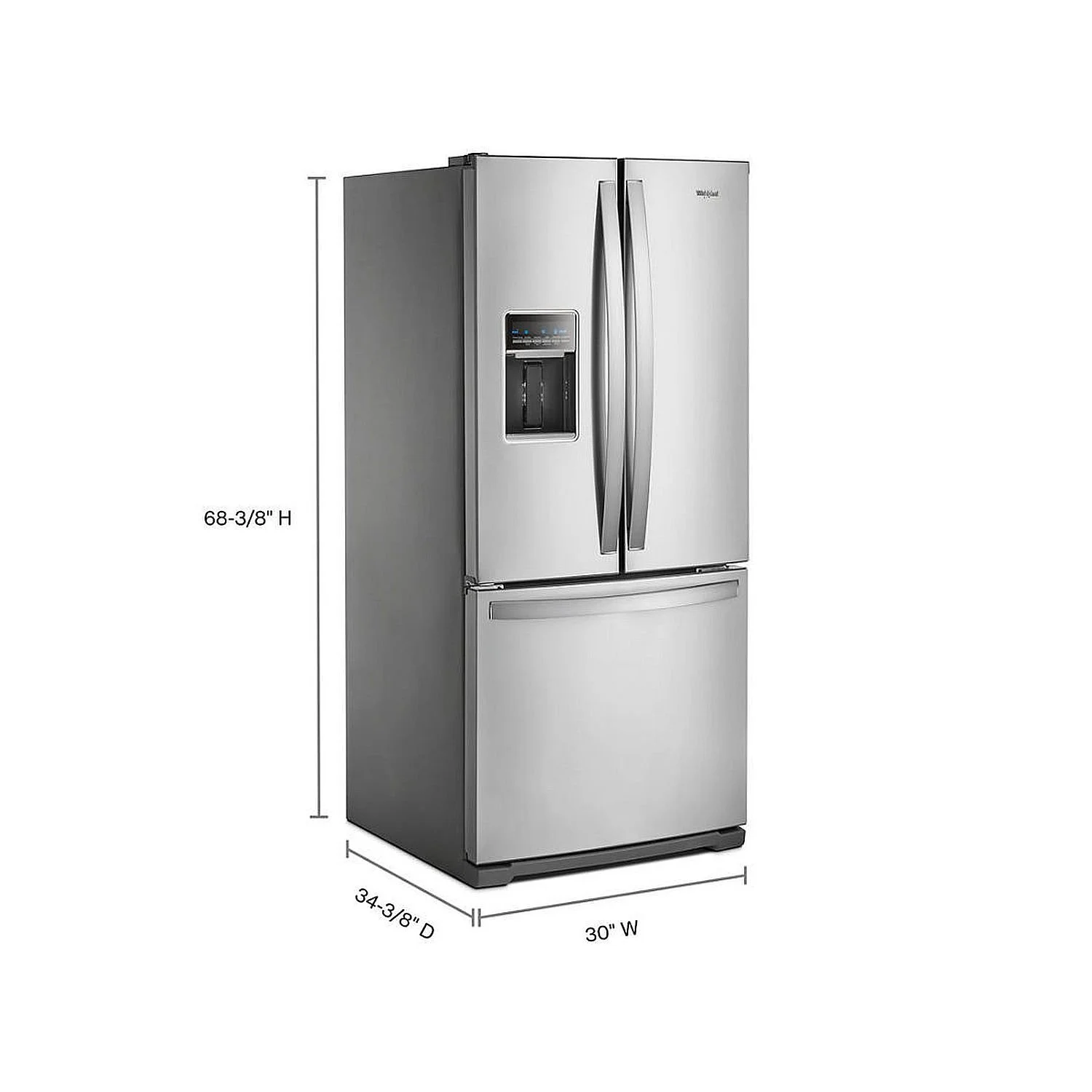 Product image displaying a stainless steel French door refrigerator with labeled dimensions, highlighting appliance measurements, installation planning requirements, kitchen space considerations, and sizing information for homeowners.