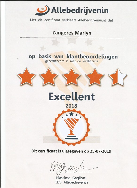 Certificaat Alle Bedrijven in Zangeres Marlyn Dordrecht 06 18115672