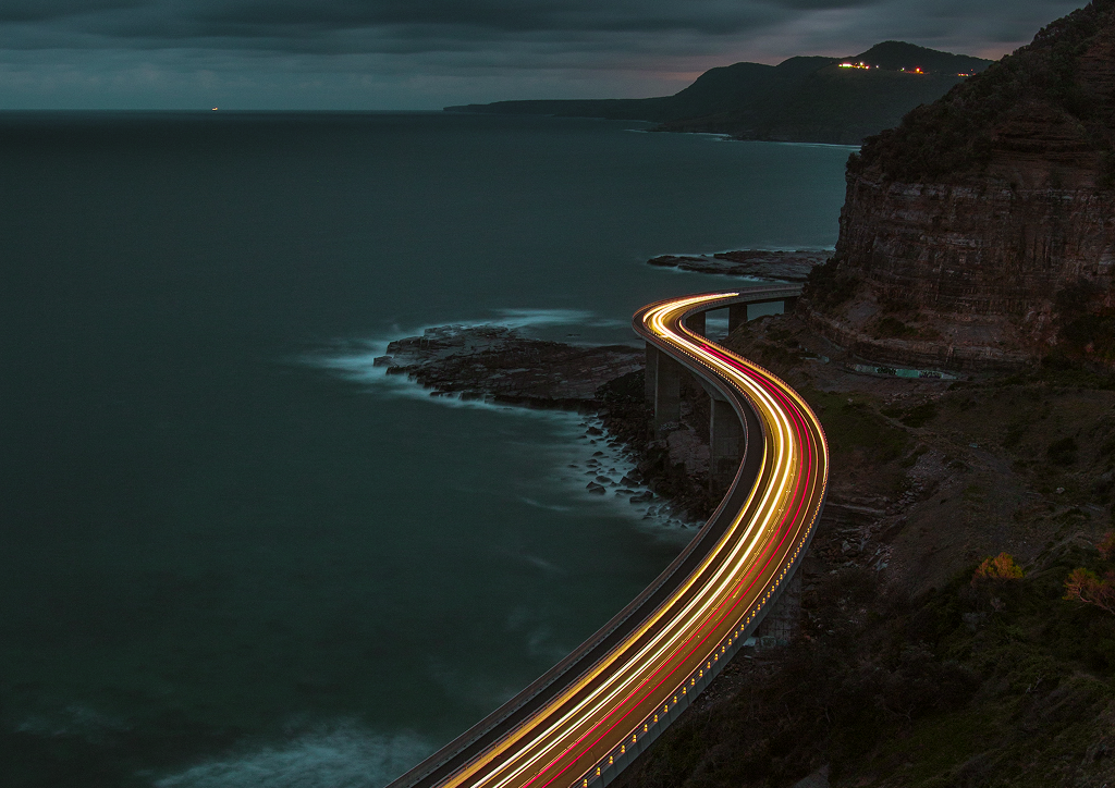 A coastal highway at dusk.