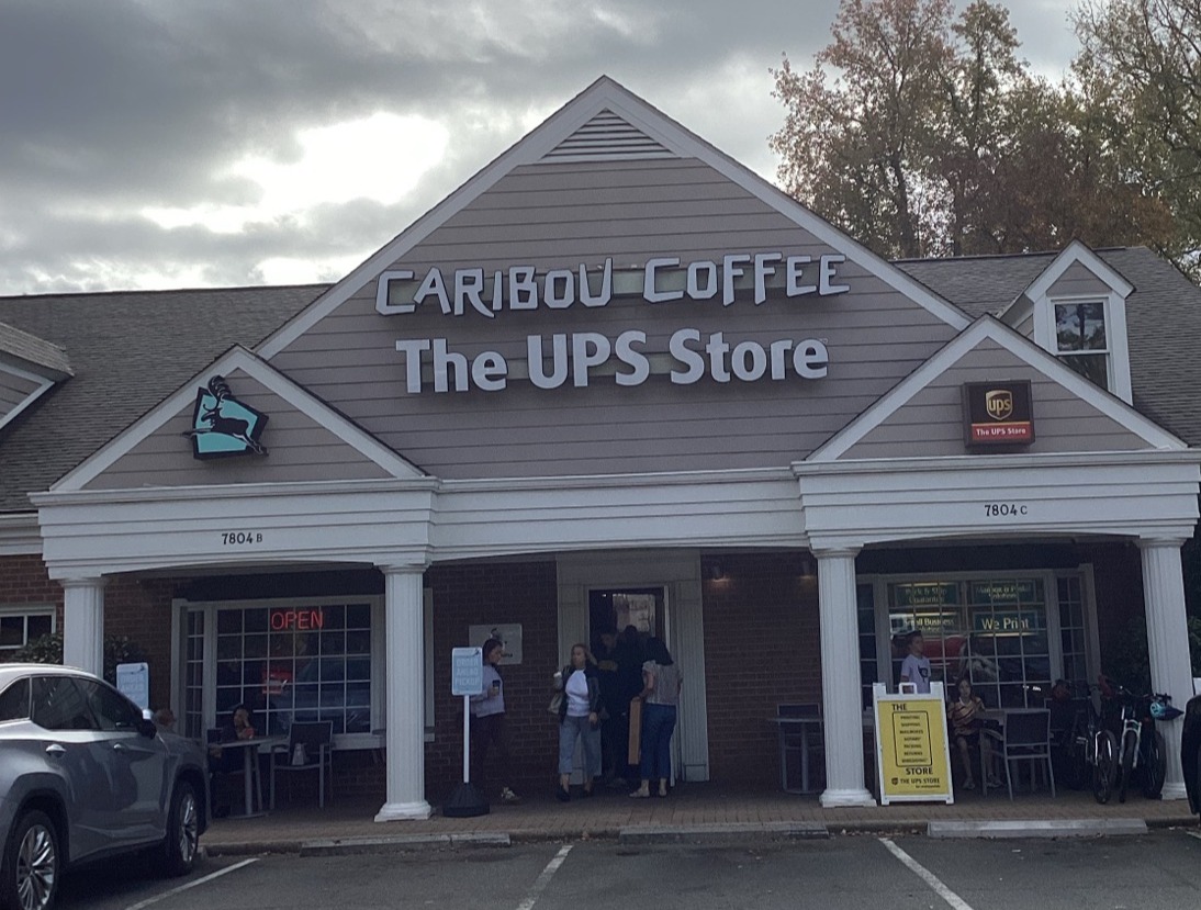 Storefront of the Caribou Coffee at 7804 Fairview Road in Charlotte