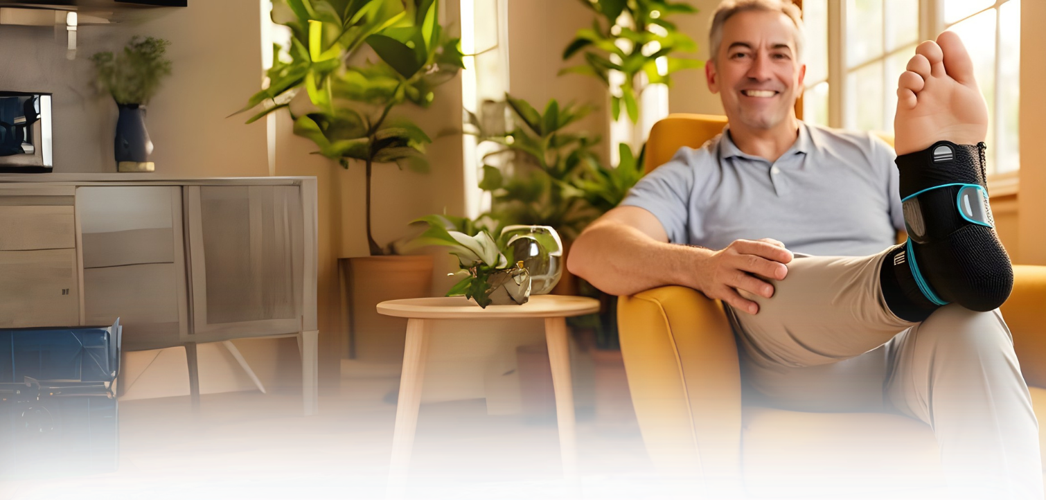 A smiling middle-aged man with graying hair sits in a bright yellow armchair, resting his leg on a small wooden side table. He is wearing a light blue polo shirt and tan pants. His right foot is elevated, and he is wearing a black and blue ankle brace with straps. The room is filled with natural light and decorated with several potted plants, including a large one behind him and a smaller one on the side table. A modern gray cabinet is visible to the left.